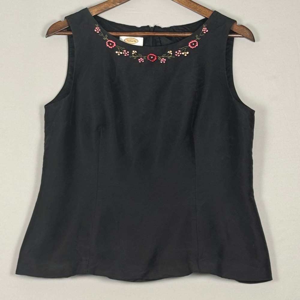 Talbots Silk Shell Top Womens 12 Black NWOT Floral Embroidered Sleeveless Y2K